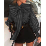 woloong  New Fashion Women's Puff Long Sleeve Striped Blouses Bow Collar Shirts Streetwear Ladies Casual Mesh Tops Camisas Blusa Mujer