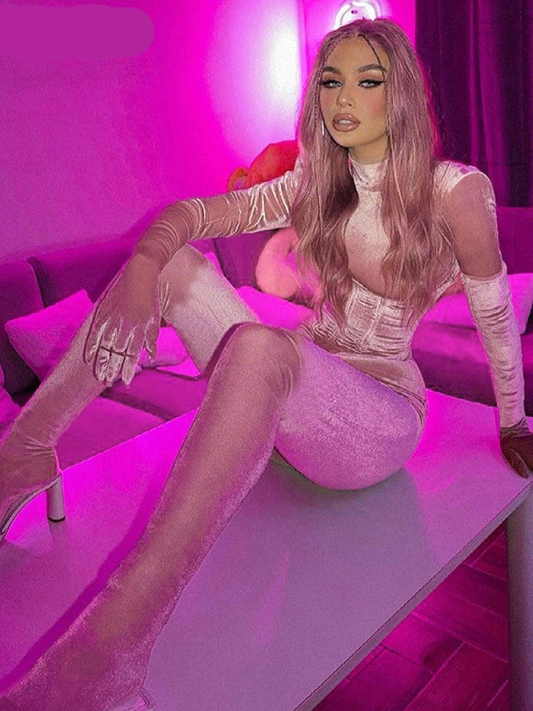 goosudu  Solid Velvet With Corset Gloves Sexy Bodycon Jumpsuit Summer Fall Slim Party Club Elegant Streetwear Outfit Y2K