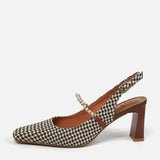 woloong New   Sandles Women Square Toe Thick Heel French Retro Women Shoes Pearl Buckle High Heel Party Sandals Houndstooth Pattern