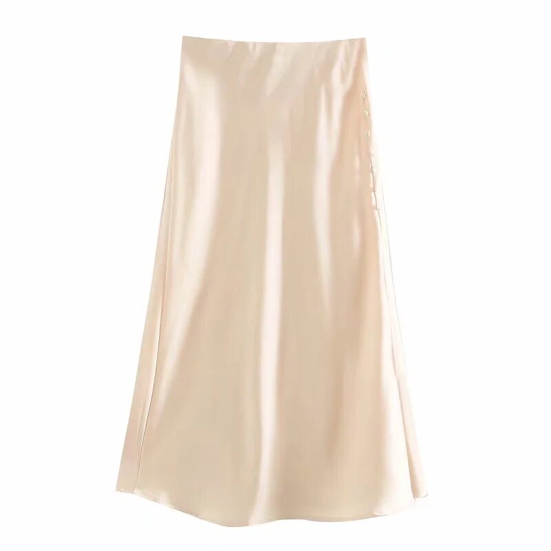 woloong  Summer Women Satin Elastic Waist Side Slit A-Line Skirt New Fashion Lady Button Decoration Falda Midi LUJIA ALAN P1597