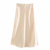 woloong  Summer Women Satin Elastic Waist Side Slit A-Line Skirt New Fashion Lady Button Decoration Falda Midi LUJIA ALAN P1597