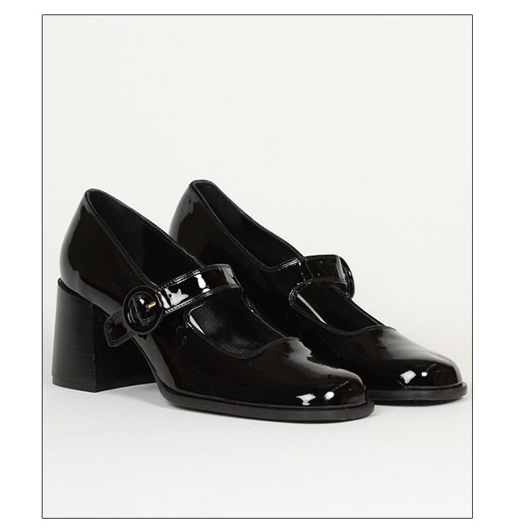 woloong Woman‘s New Mary Janes Shoes Genuine Leather Shallow Square heel Pumps Buckle Strap Round Toe Lady Footwear