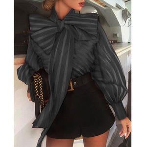 woloong  New Fashion Women's Puff Long Sleeve Striped Blouses Bow Collar Shirts Streetwear Ladies Casual Mesh Tops Camisas Blusa Mujer