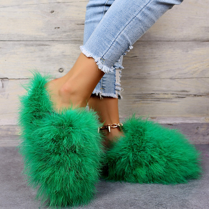 New Faux Fox Fur Slippers Women's Furry Warm Flip Flops Fullfy Raccoon Fur Slides Flat Comfortable Home Shoes Plus Size Couple