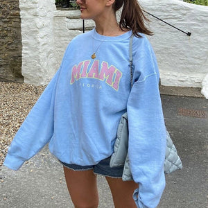 American Stylish  Letter Printing Sweatshirt Women Sky Blue Thick Warm Winter Tops  New Oversized Streetwear Fashion