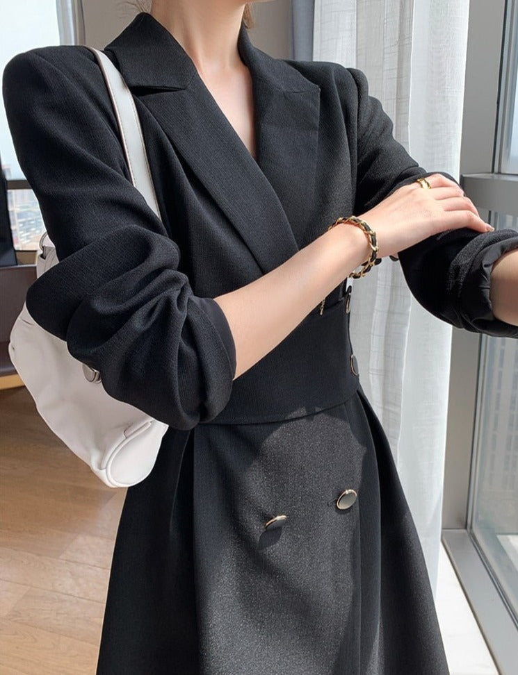 woloong Hot New Design Korean Style High Street Womens Fashion Cute Elegant Office Lady Button Notched Long Split Slit Sexy Blazer Dress
