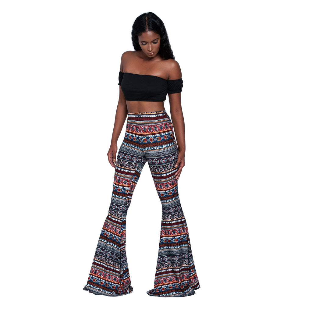 goosudu Summer New Women High-Waist Stretch-Print Trousers Wide-Leg Loose-Fitting Trousers Sexy Flared Pants Bottom Casual Leggings