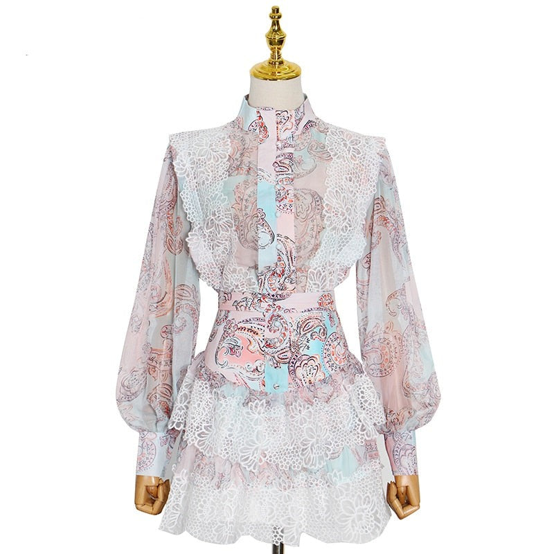 woloong  Sweet Patchwork Lace Set For Women Stand Collar Long Sleeve Shirt High Waist Skirt Print Sets Female Fashion New