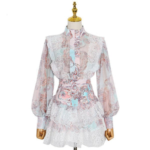 woloong  Sweet Patchwork Lace Set For Women Stand Collar Long Sleeve Shirt High Waist Skirt Print Sets Female Fashion New