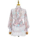 woloong  Sweet Patchwork Lace Set For Women Stand Collar Long Sleeve Shirt High Waist Skirt Print Sets Female Fashion New