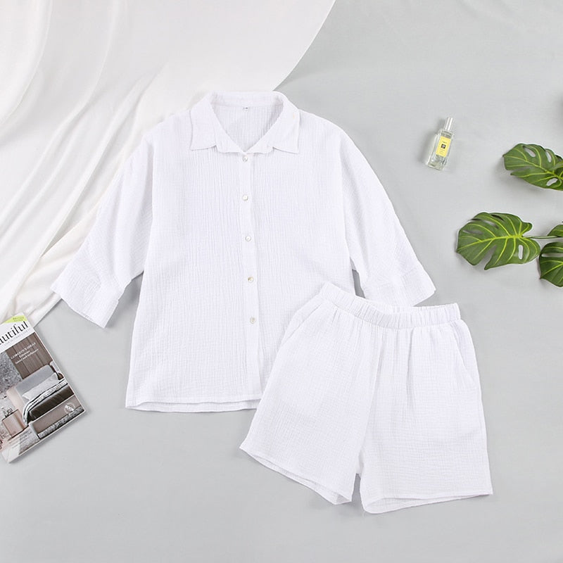 Cotton Pajamas For Women Sets Suit Casual Sleepwear Turn-Down Collar Nine Quarter Sleeve Sleep Tops Shorts Female Homewear