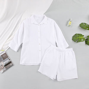 Cotton Pajamas For Women Sets Suit Casual Sleepwear Turn-Down Collar Nine Quarter Sleeve Sleep Tops Shorts Female Homewear