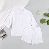 Cotton Pajamas For Women Sets Suit Casual Sleepwear Turn-Down Collar Nine Quarter Sleeve Sleep Tops Shorts Female Homewear