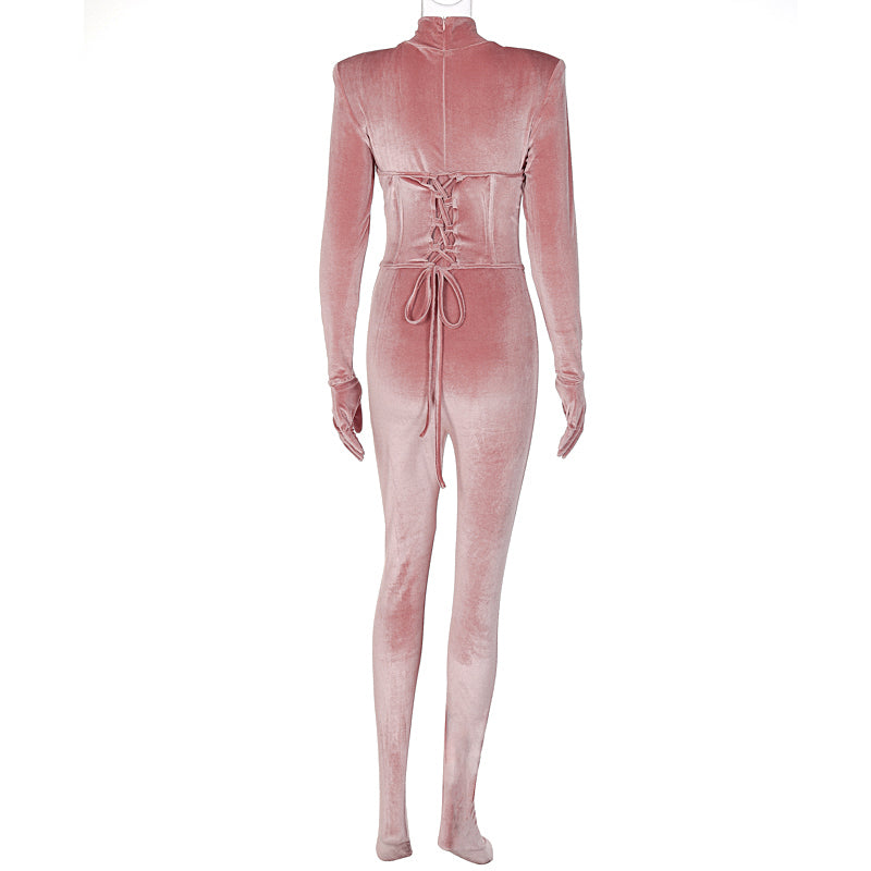 goosudu  Solid Velvet With Corset Gloves Sexy Bodycon Jumpsuit Summer Fall Slim Party Club Elegant Streetwear Outfit Y2K
