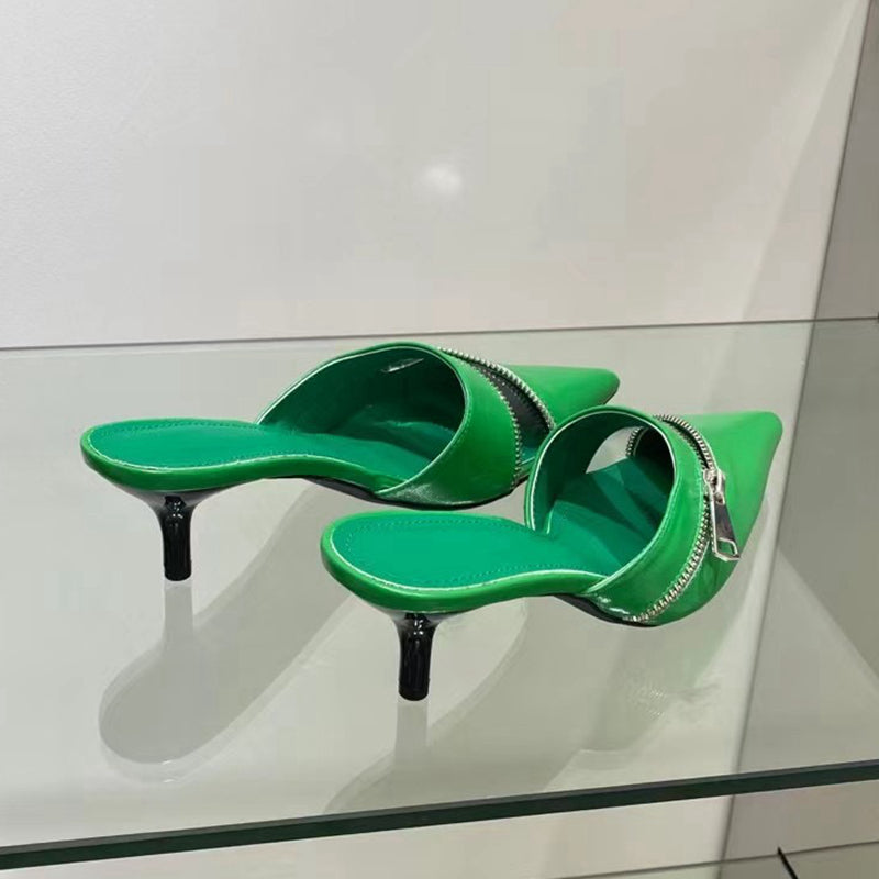 woloong  Summer New Women Slipper Fashion Brand Zipper Pointed Toe Slip On Ladies Elegant Mules Shoes Thin High Heel Slide