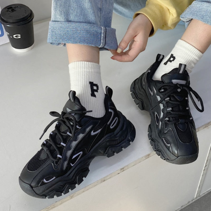 woloong  Spring New Reflect Vulcanize Shoes Light Platform Daddy Shoes Woman Harajuku Joker Wind Sneakers for Female Casual Shoes