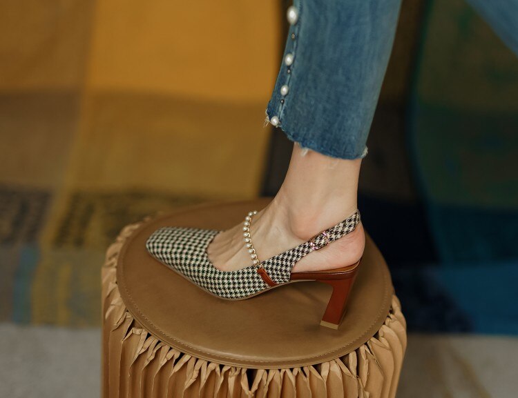 woloong New   Sandles Women Square Toe Thick Heel French Retro Women Shoes Pearl Buckle High Heel Party Sandals Houndstooth Pattern