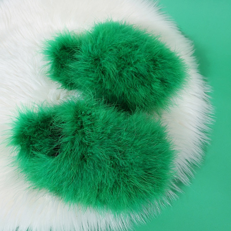 New Faux Fox Fur Slippers Women's Furry Warm Flip Flops Fullfy Raccoon Fur Slides Flat Comfortable Home Shoes Plus Size Couple