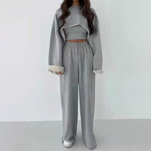 woloong  White Three Piece Set For Women O Neck Long Sleeve Tops Sleeveless Vest Wide Leg Pants Female Casual Sets New