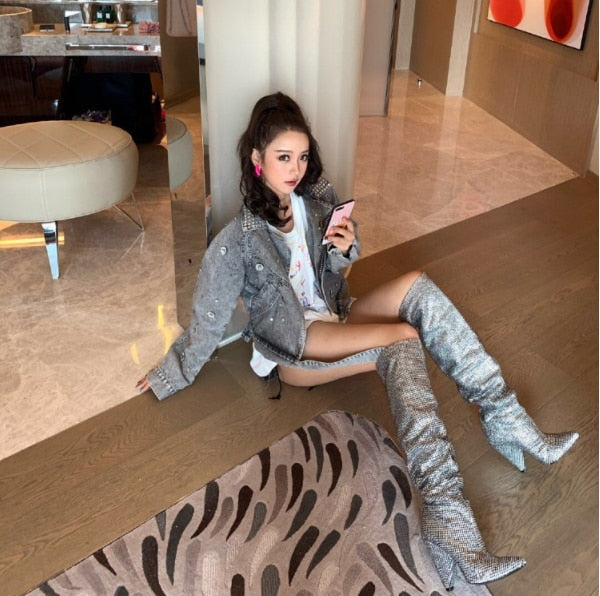 woloong New Crystal Shoes Woman Pointed Toe Over Knee High Boots Sexy Rhinestone Chunky Spike Heel Boots Ladies Shoes Botas Mujer