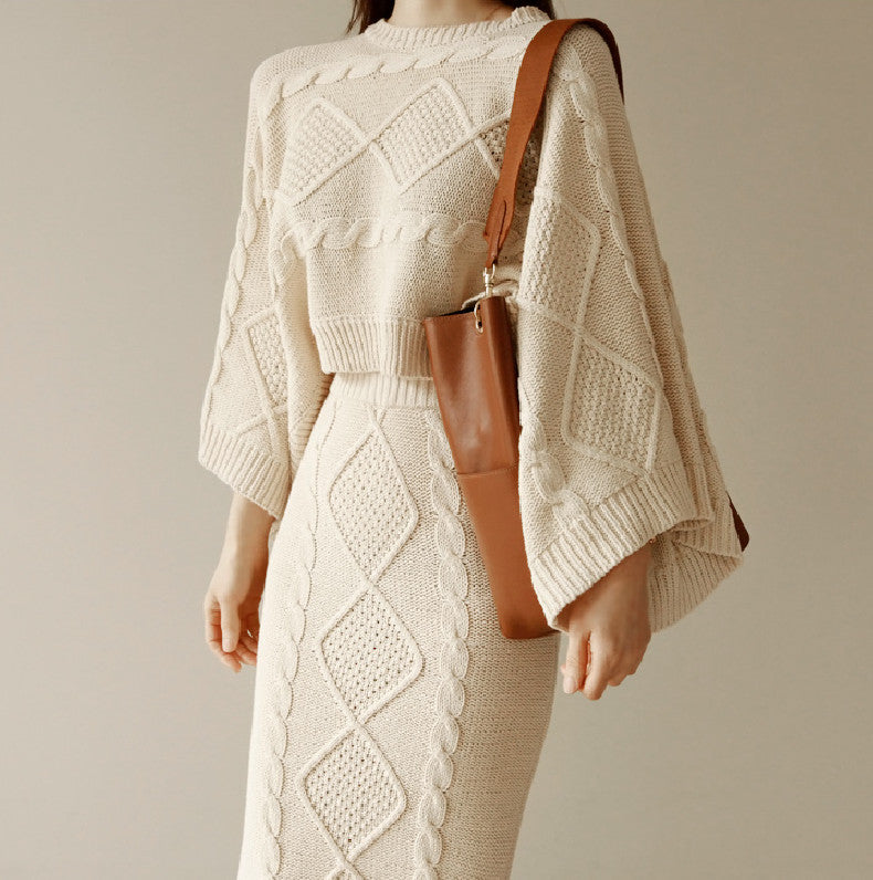 goosudu High Quality Autumn Winter Women Knitted 2 Piece Set  Batwing Sleeve Loose Tops+Slim Bodycon Skirt Female Sweater Suits