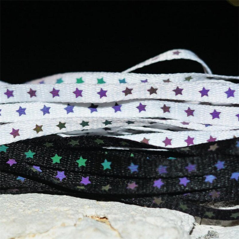 woloong  New Holographic Reflective Star Shoelaces Double-sided Reflective High-bright Luminous Flat Laces Sneakers ShoeLaces Strings