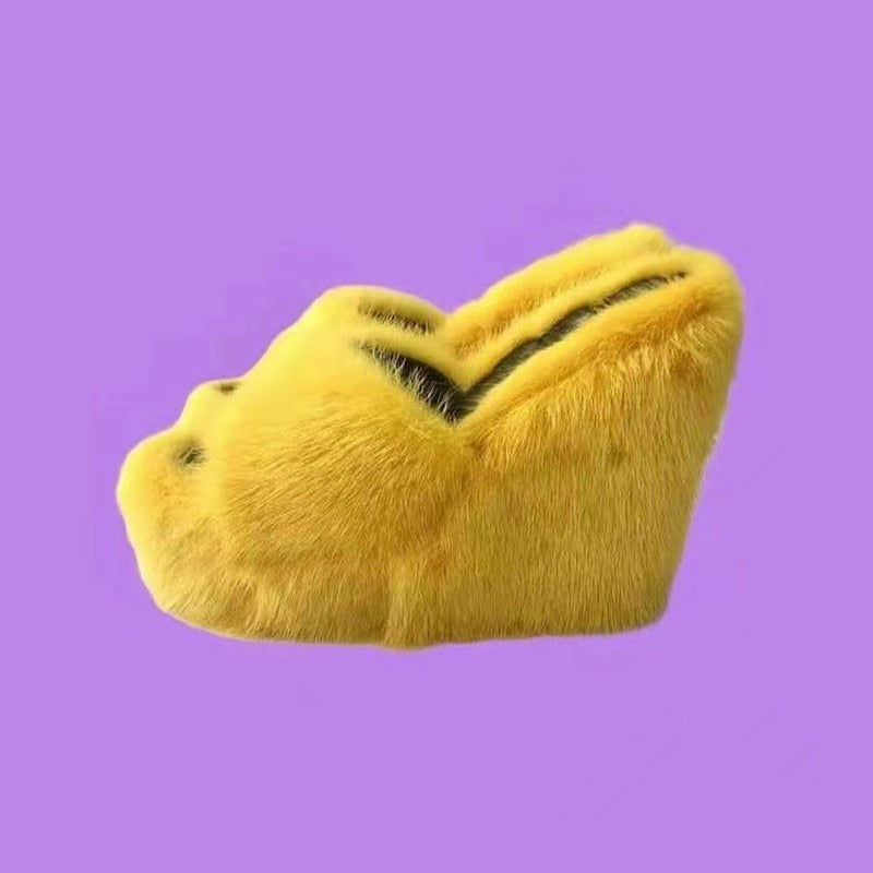 goosudu New Fur Slippers Women's Wedge Heel Shoes Women High-heeled Furry Drag Fashion Outdoor All-match Shoes Slippers Furry Slides