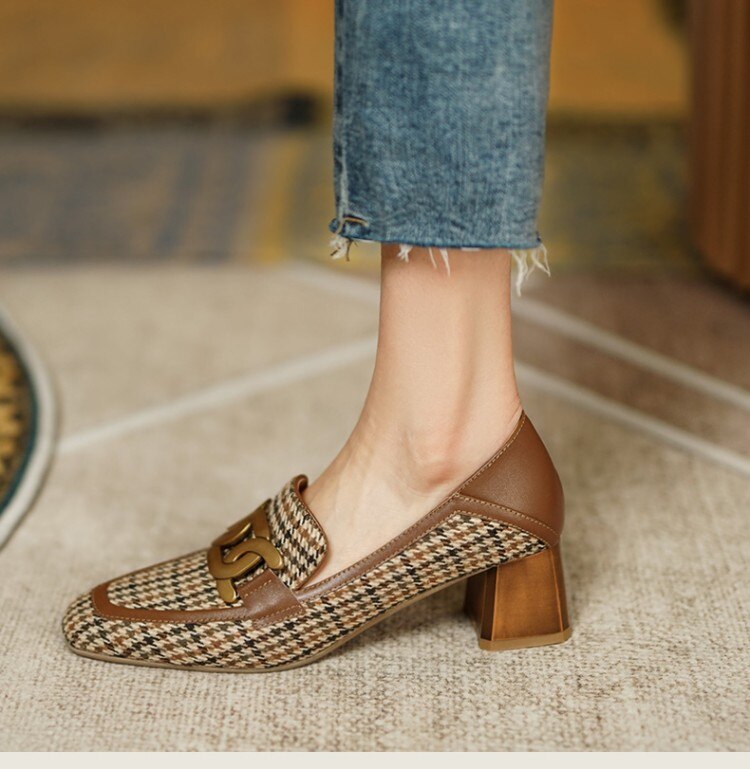 woloong  Spring/Autumn New Women Party Prom Square Heeled Pumps Basic Concise Pumps Cow Leather Brand Round Toe Loafers Woman