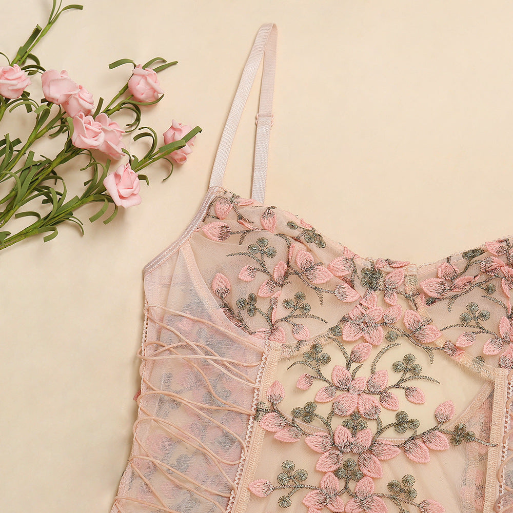 Ellolace Floral Embroidery Bodysuit Women Lace Up Bandage Bodies Sexy Sleeveless Bodycon Transparent Lingerie Mesh Bodysuits Top