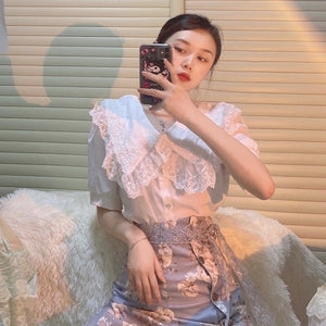 2 Piece Set Women Casual French Lace Blouse+Vintage Midi Floral Skirts Fashion Suits Female Korean Style Office Lady Summer