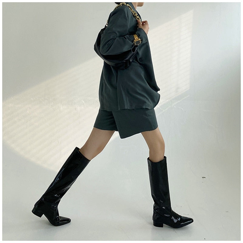 woloong  New INS Women Knee-high Women Boot Shoes Low Heel Slip On Long Boots Brand Designer Pointed Toe Chelsea Boots