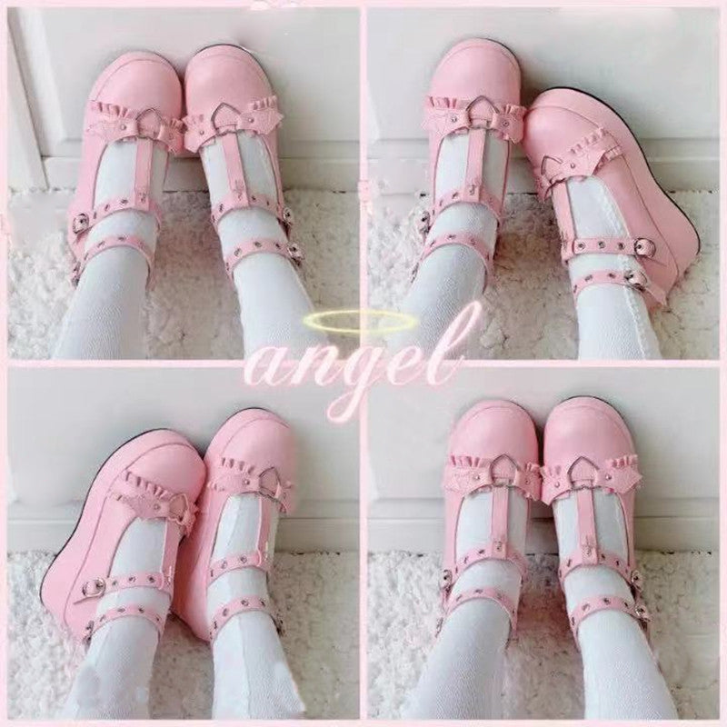 woloong New Chunky Platform Lolita Shoes Woman Flats Sweet Heart Buckle Mary Janes Shoes Pink T-Strap Punk Gothic Cosplay Shoes 35-43