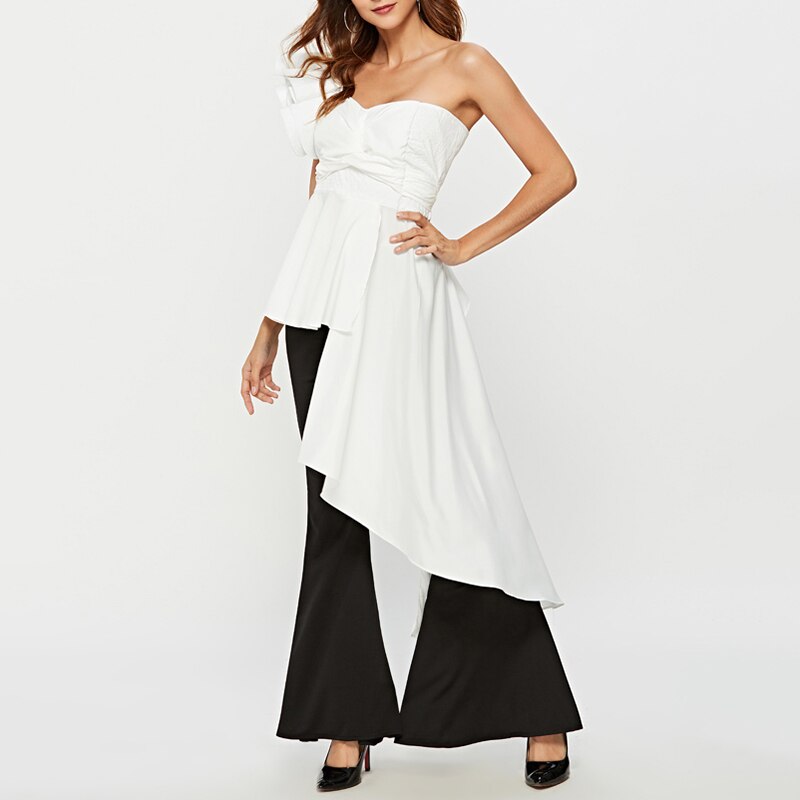 White Patchwork Ruffle T Shirt For Women Skew Collar Sleeveless Irregular Hem Slim T Shirts Female Fashion New