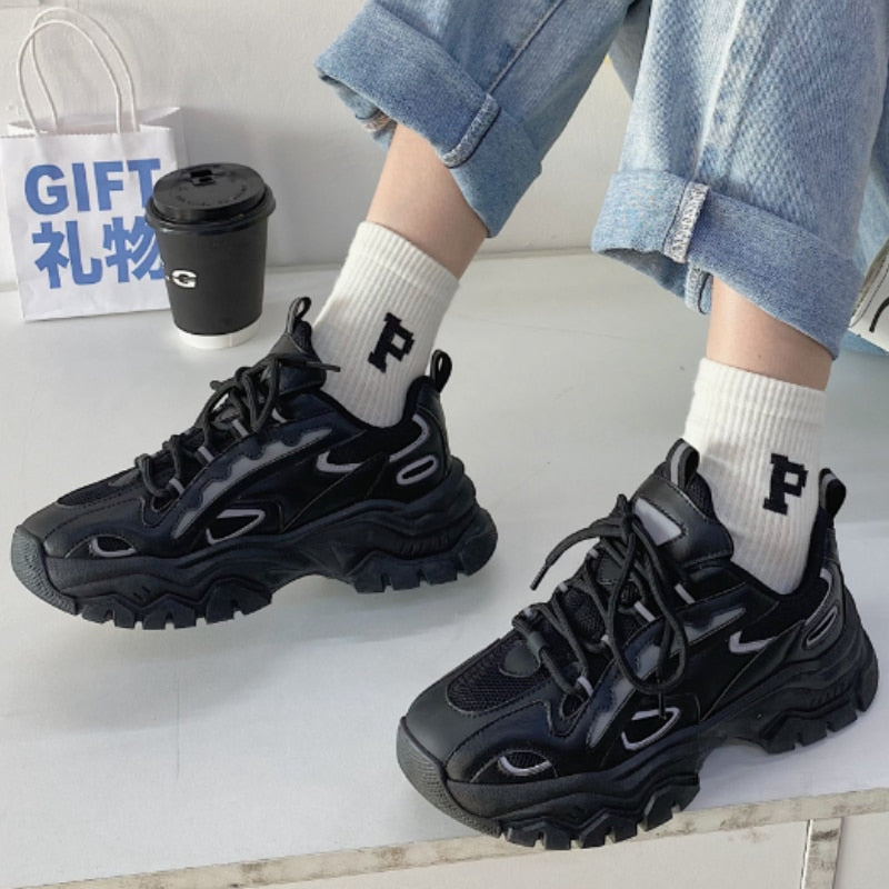 woloong  Spring New Reflect Vulcanize Shoes Light Platform Daddy Shoes Woman Harajuku Joker Wind Sneakers for Female Casual Shoes