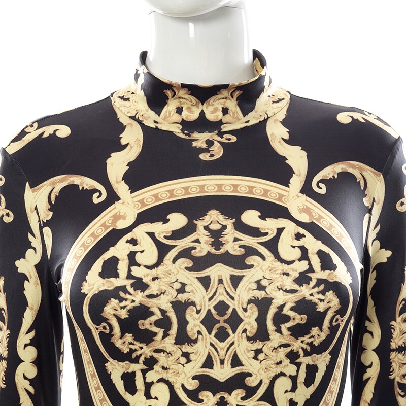 woloong  Classical Print O Neck Long Sleeve Playsuit New Year Sexy Slim Sports Elegant Casual Streetwear Concise Y2K