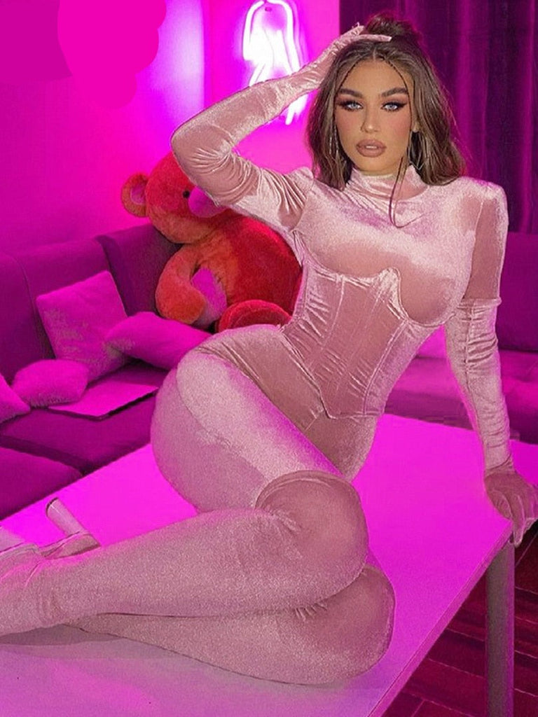 goosudu  Solid Velvet With Corset Gloves Sexy Bodycon Jumpsuit Summer Fall Slim Party Club Elegant Streetwear Outfit Y2K