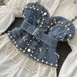 Spring New Blouse Women's Diamond Beaded Puff Sleeve Blusa Top Tassel Pearl Sling Waistcoat Two-piece Stacking Shirt C813