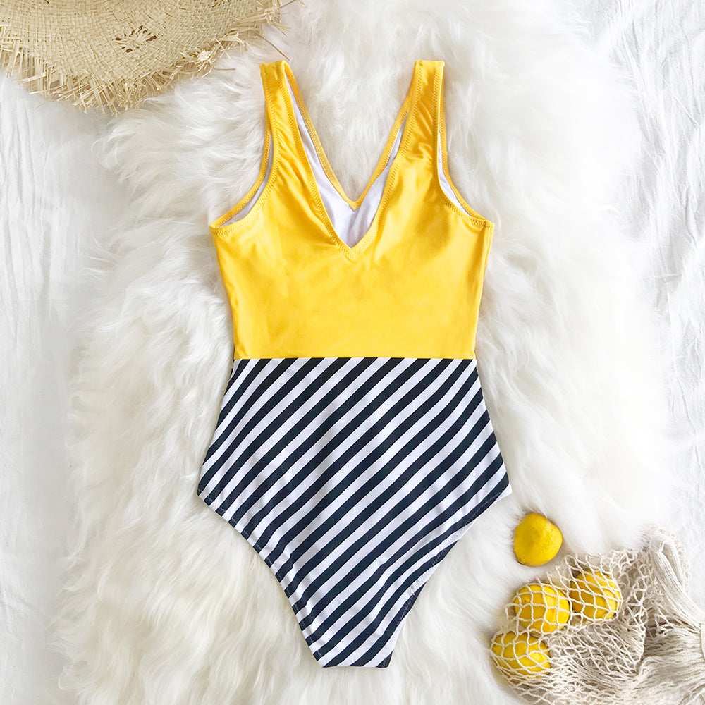 goosudu   Yellow and Striped Patchwork One-Piece Swimsuit Sexy V-neck Women Monokini Girls Beach Bathing Suits Swimwear