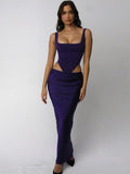Purple Corset Satin Square Neck Crop Top And Draped Midi Dress Sets Slim Long Skirt Suits Two Piece Sets Womens Outfits