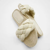 New Women's Slippers White Pearl Woven With Cotton And Linen Flat Bottom Outdoor Simple Versatile Soft Sole Sandals