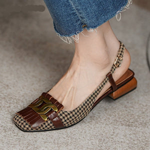 woloong  New Retro Style Female Summer Fashion Low-heeled Square Head Leather Hollow Fine Heel Baotou Metal Decoration Woman Sandals