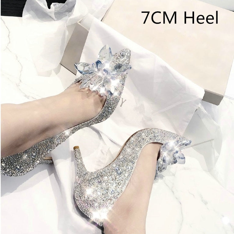 woloong  Newest  Cinderella Shoes Rhinestone High Heels Women Pumps Pointed toe Woman Crystal Party Wedding Shoes 5cm/7cm/9cm