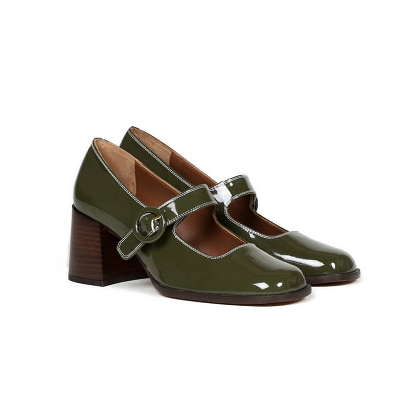 woloong Woman‘s New Mary Janes Shoes Genuine Leather Shallow Square heel Pumps Buckle Strap Round Toe Lady Footwear