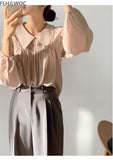 woloong Chic Korea Japanese Fenimine Clothes Women New Design Long Sleeve Solid Retro Vintage Black Pink Cute Tops And Blouses