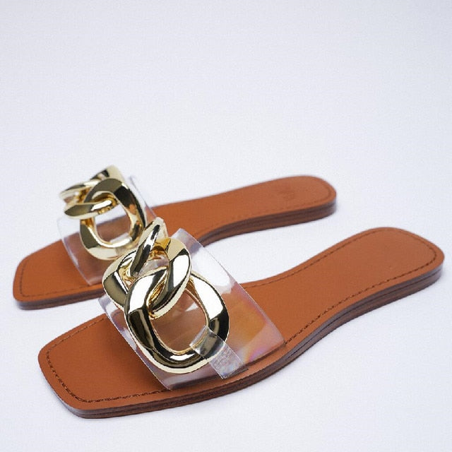 woloong   Classic Black Chain-decorated Women Slippers New Style Flat Fashion Sandals British Square Toe Comfortable Holiday Slippers Pink