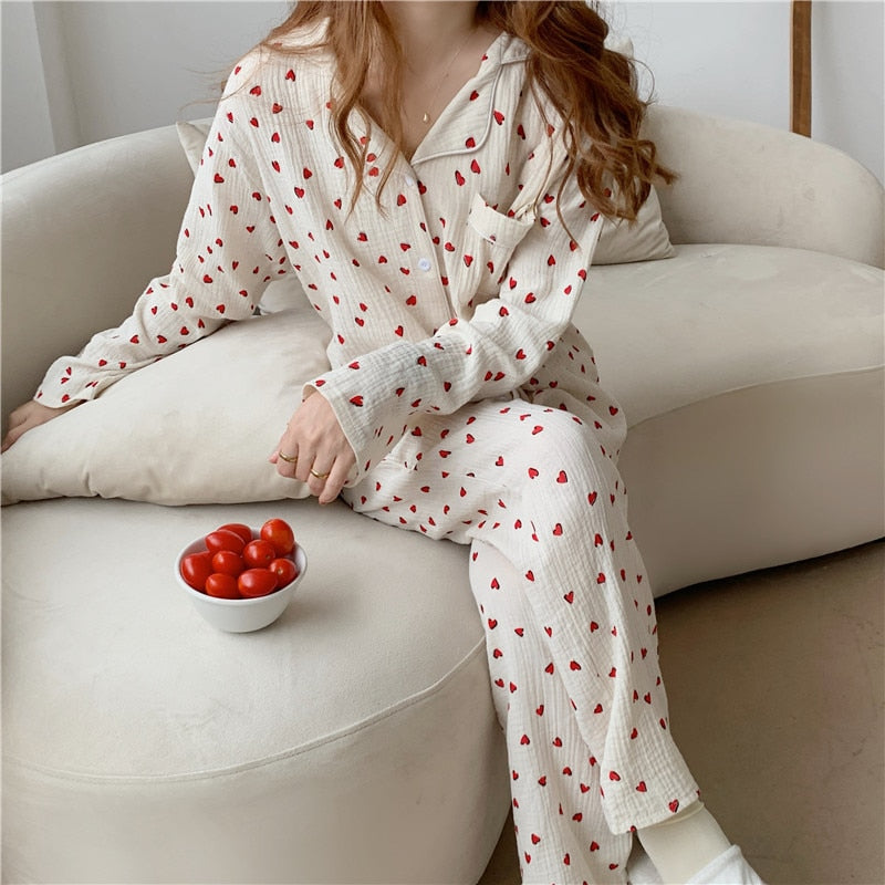 goosudu Cotton Pajamas Set Comfortable Long Sleeve Lovely Sweet Leisurewear Home Suit Spring Sleepwear Soft Korean Heart Print Kawaii