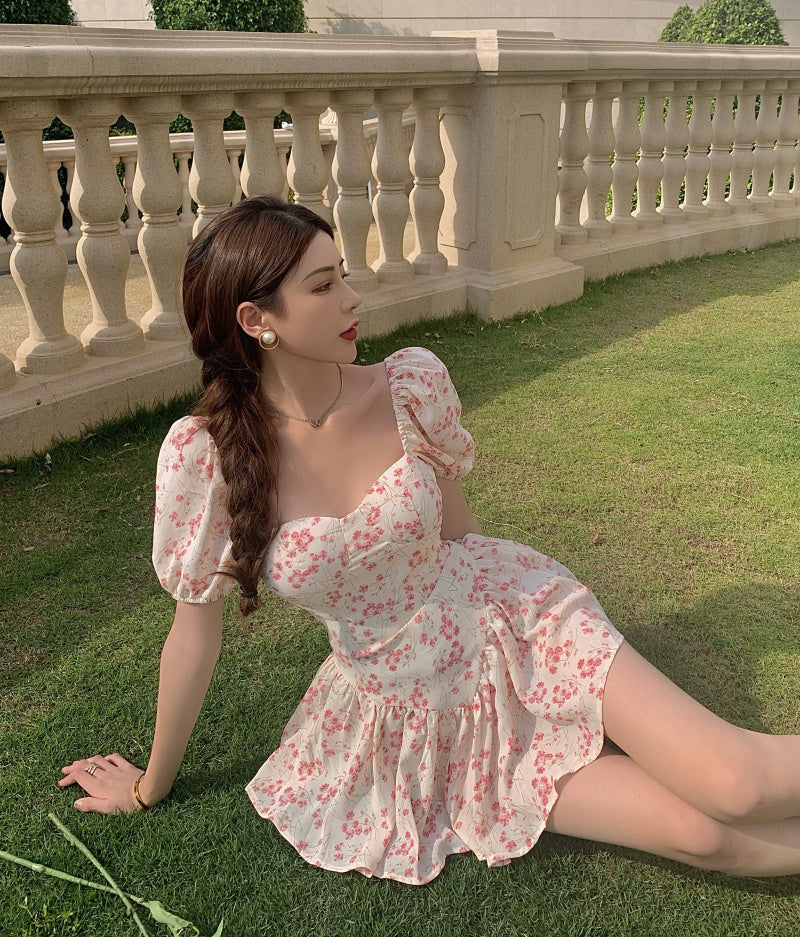woloong  Short Sleeve Floral Dress Mini Sexy Women  Puff Sleeve Dress Vintage Slim French Square Collar New Summer Femme Clothes