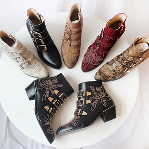 Studded Real Leather Ankle Boots Women Round Toe Rivet Flower Martin Short Boots Cowhide Thick Heel Low New Heel Women's Shoes
