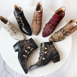 Studded Real Leather Ankle Boots Women Round Toe Rivet Flower Martin Short Boots Cowhide Thick Heel Low New Heel Women's Shoes