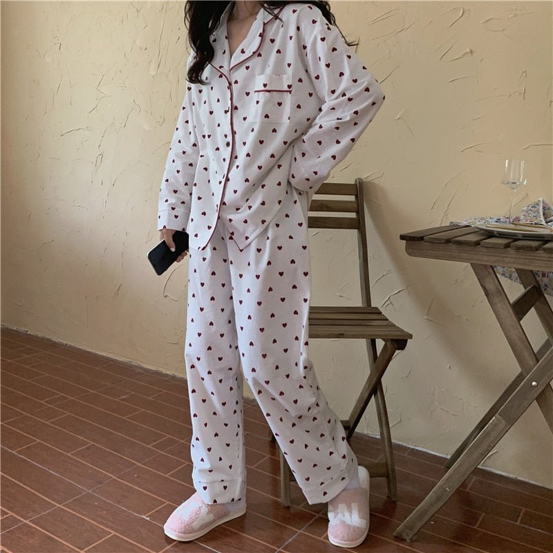 goosudu Cotton Pajamas Set Comfortable Long Sleeve Lovely Sweet Leisurewear Home Suit Spring Sleepwear Soft Korean Heart Print Kawaii